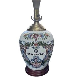 Vintage Delft First Chicago Tobacco Jar Apothecary w Brass Lid Lamp Wooden Base